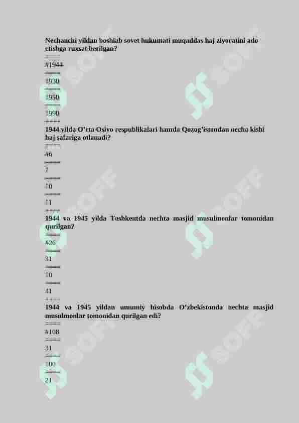 DINSHUNOSLIK fanidan 500 talik testi, javoblari bilan 5