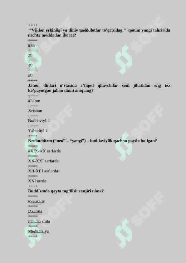 DINSHUNOSLIK fanidan 500 talik testi, javoblari bilan 6