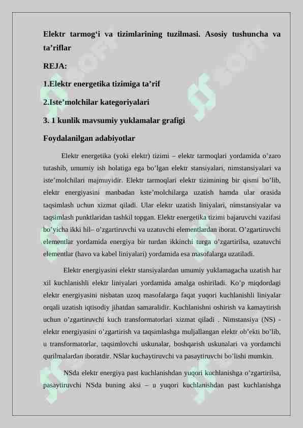 Elektr tarmog'i va tizimlarining tuzilmasi 1