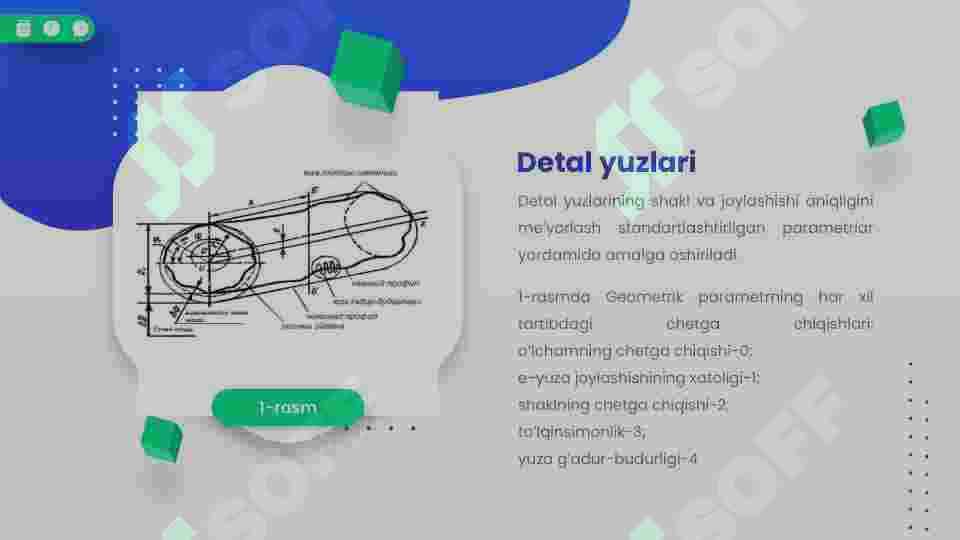 Detal yuzalarining shakl va joylashishi  aniqlik me’yorini aniqlash. Shakl chetga  chiqishlari. Geometrik parametrlar va  ularning chetga chiqishlari 3