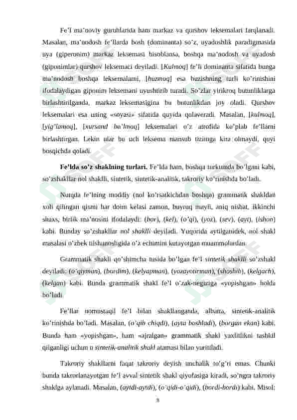 Fe'llarning ma'no turlari va uning ta'lim bosqichlari darsliklarda berilishi 8