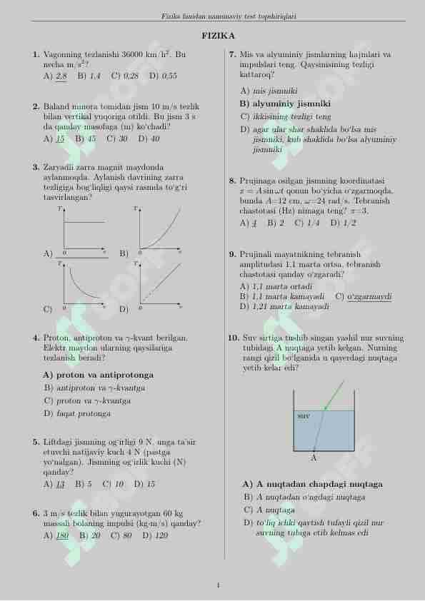 Fizikadan umumiy test 1
