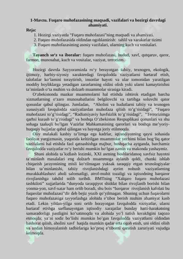 Fuqaro muhofazasining maqsadi, vazifalari va hozirgi davrdagi  ahamiyati. 1