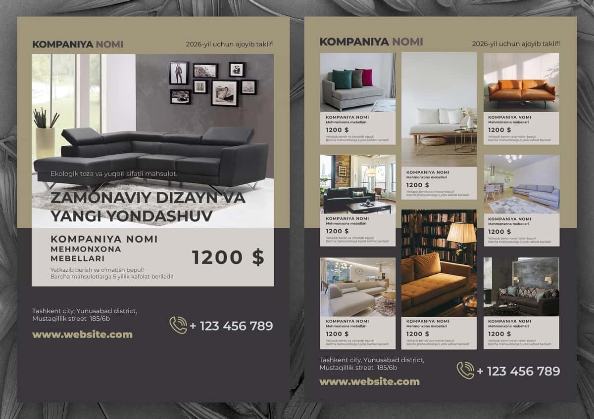 Mebel va interyer brendlari uchun premium flayer dizayni shabloni (2 tomonli) 1
