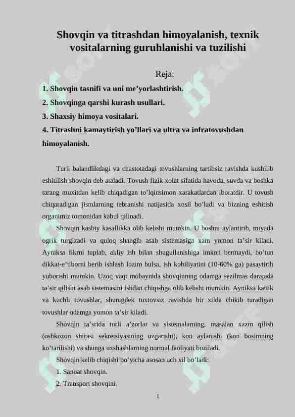 Shovqin va titrashdan himoyalanish, texnik vositalarning guruhlanishi va tuzilishi