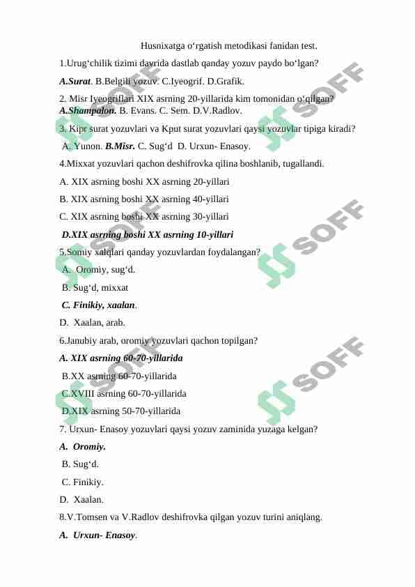 Husnixatga o'rgatish metodikasi fanidan test. 1