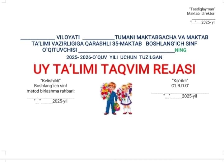 3- sinf uy ta'limi taqvim reja 2