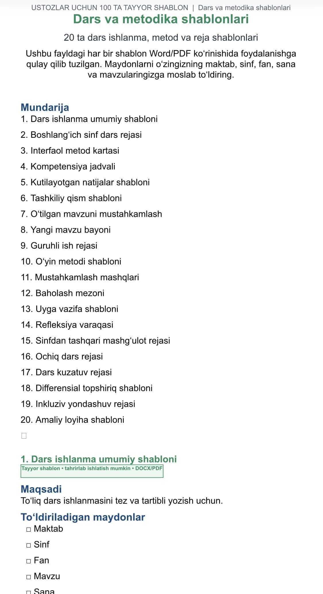 Ustozlar uchun 100 ta tayyor hujjat va dars shablonlari 1