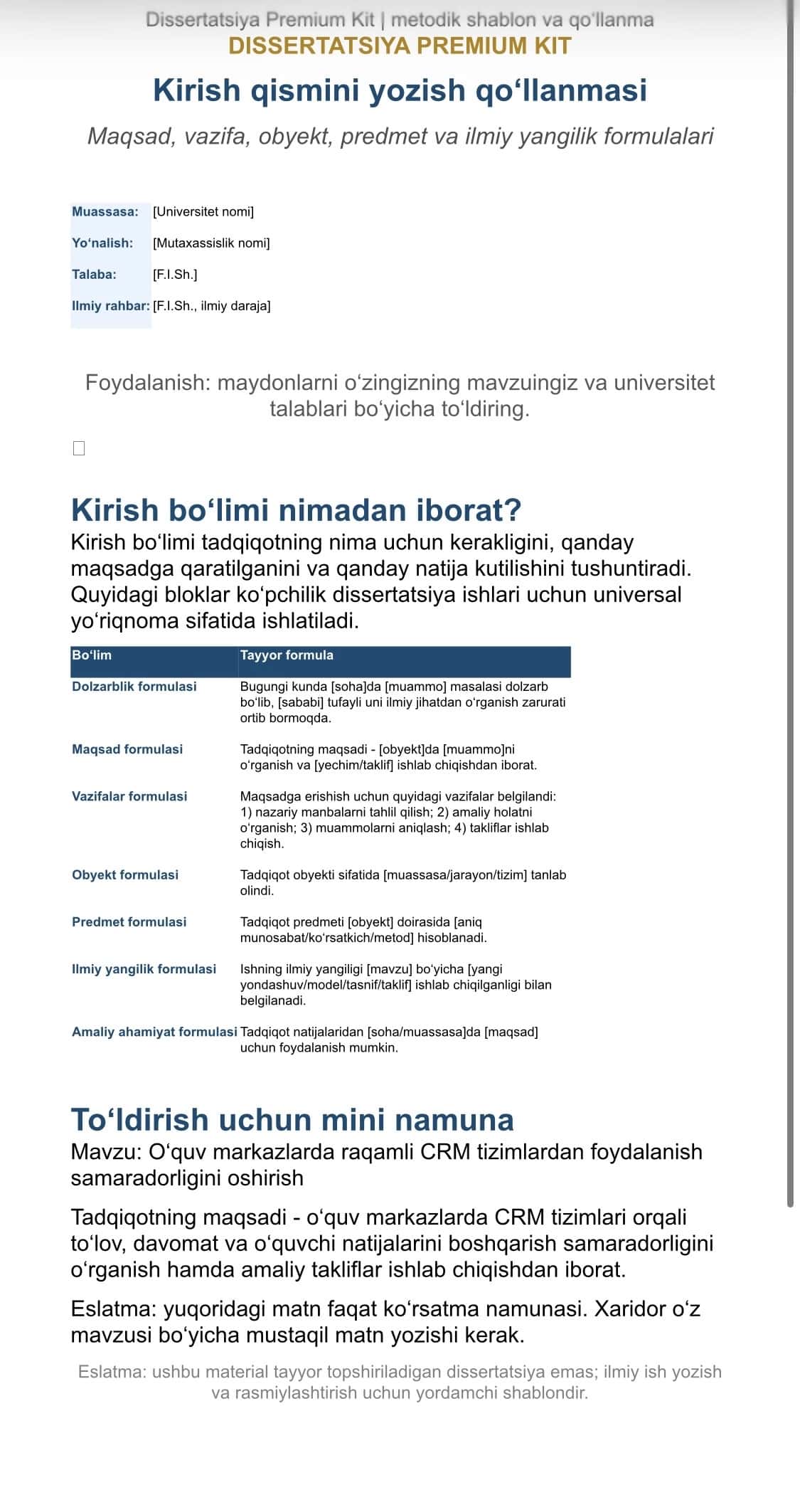 Dissertatsiya Premium Kit — magistrlar uchun shablon va metodik qo‘llanma 1