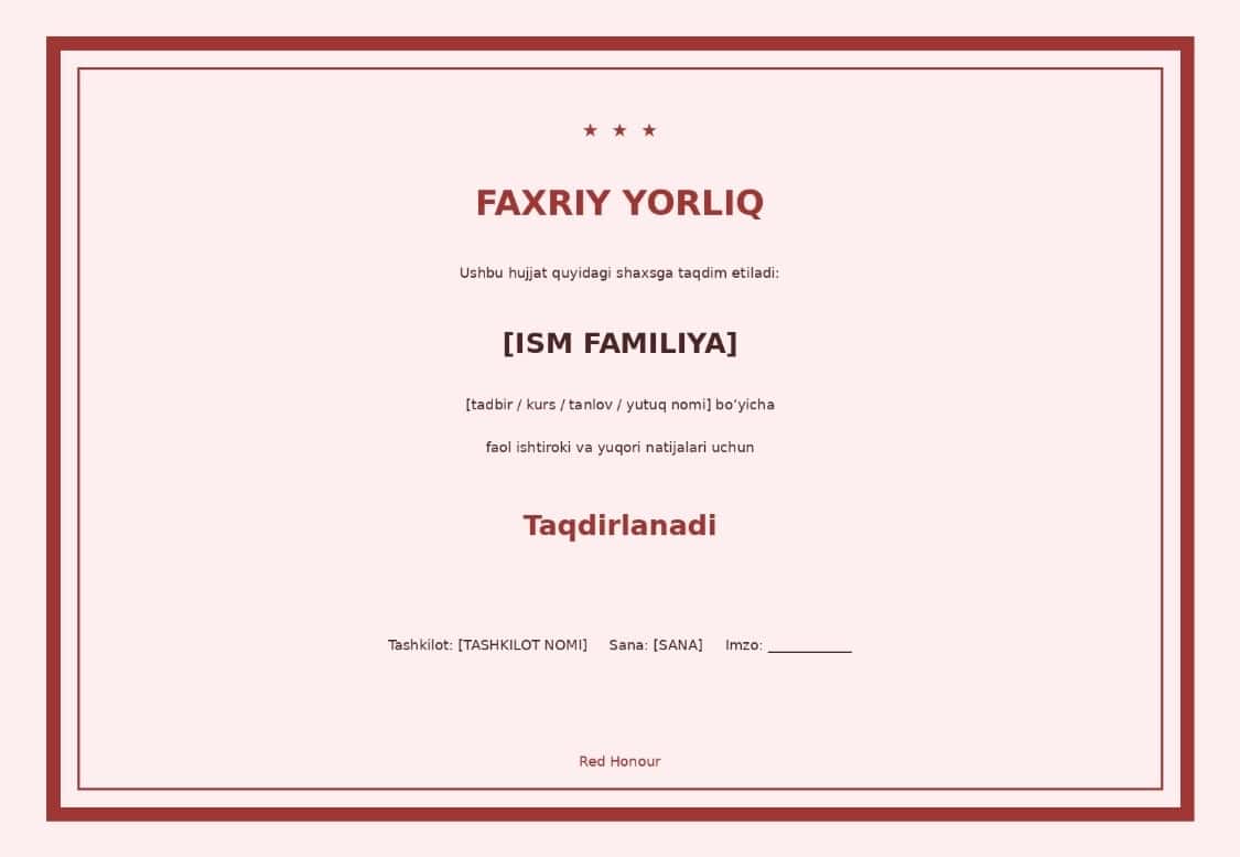 Sertifikat va faxriy yorliq shablonlari — 30 ta tayyor dizayn 2