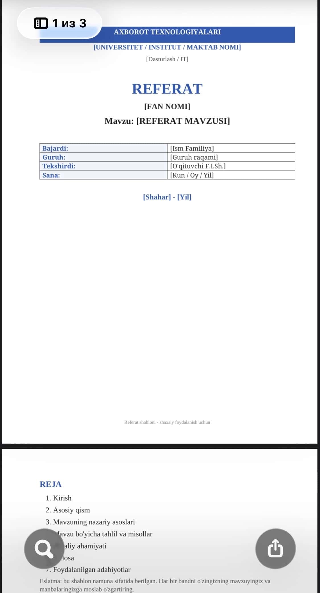 Talabalar uchun referat shablonlari paketi — 25 ta tayyor DOCX dizayn 2