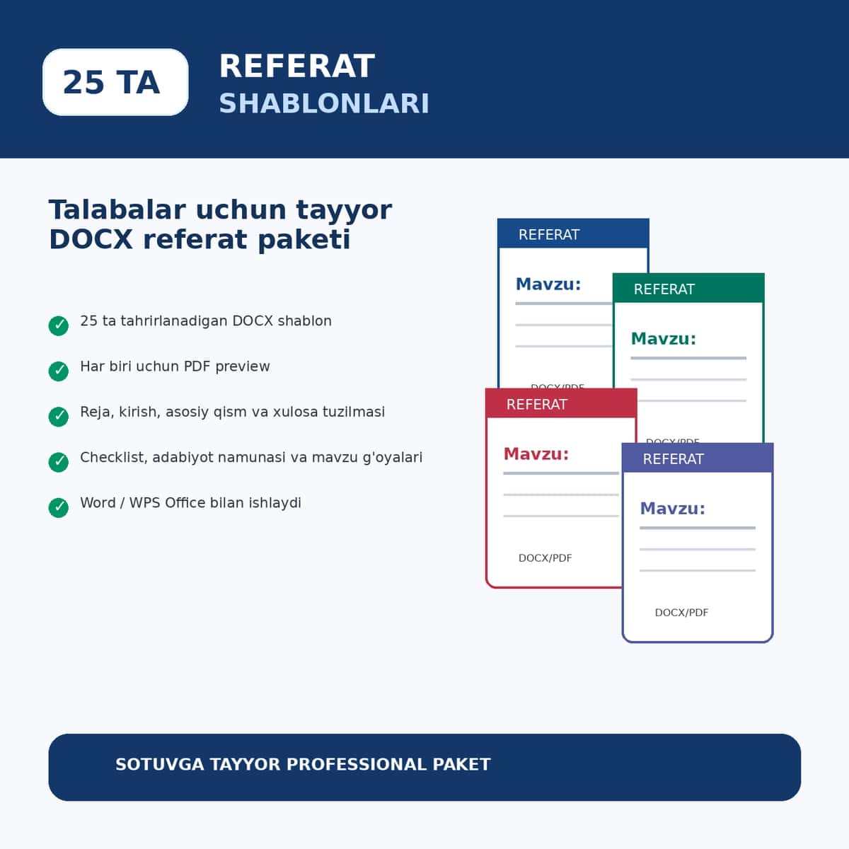 Talabalar uchun referat shablonlari paketi — 25 ta tayyor DOCX dizayn 1