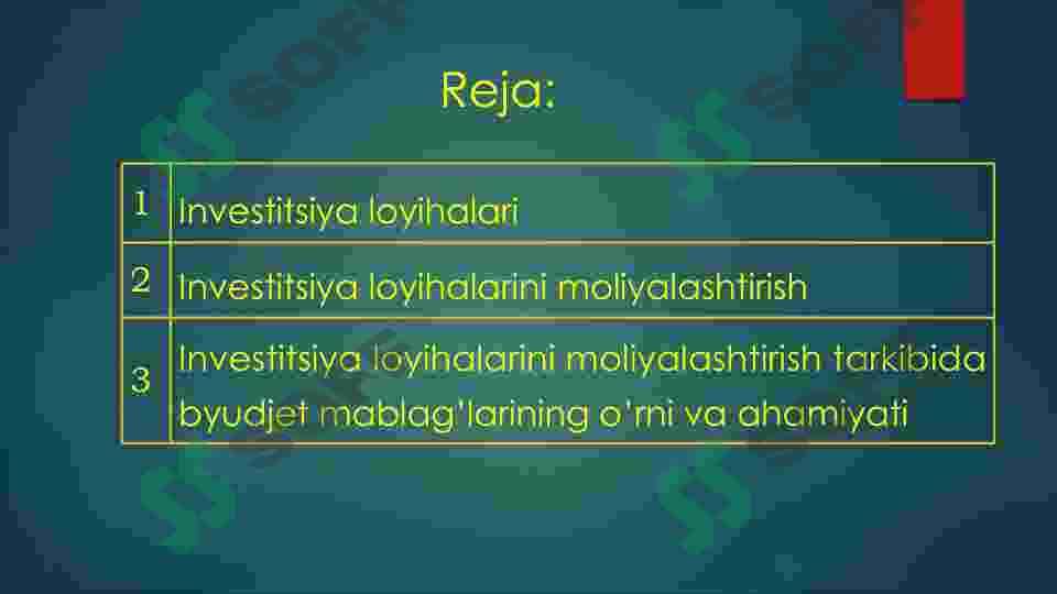 Investitsiya loyihalarini moliyalashtirish tarkibida byudjet mablag’larining  o’rni va ahamiyati 2
