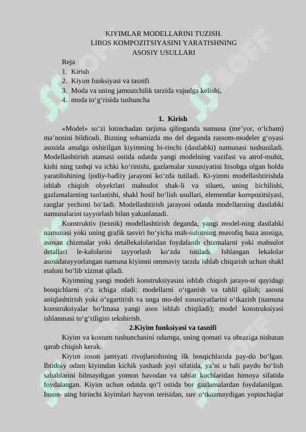 KIYIMLAR MODELLARINI TUZISH. LIBOS KOMPOZITSIYASINI YARATISHNING ASOSIY USULLARI