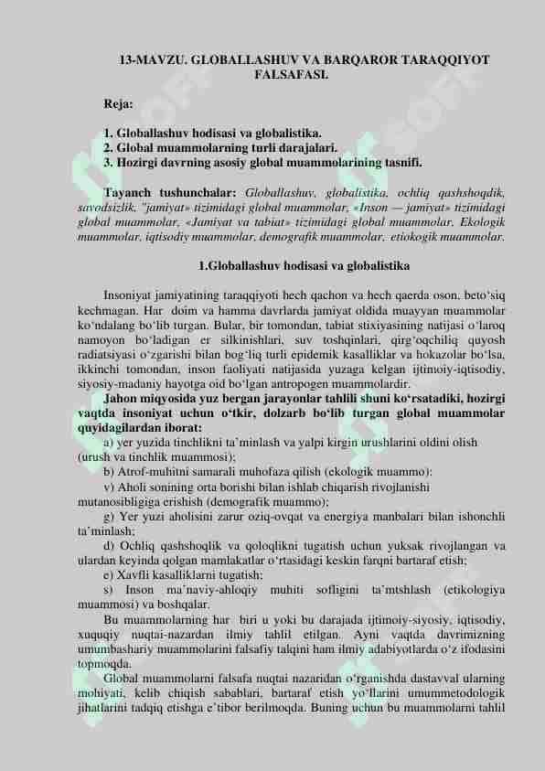 . GLOBALLASHUV VA BARQAROR TARAQQIYOT FALSAFASI.