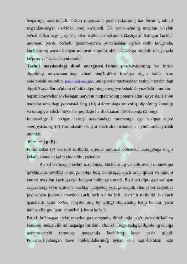 Bir jinsli tashqi maydondagi dipol.Nuqtaviy zaryad va dipolning potensiali 8