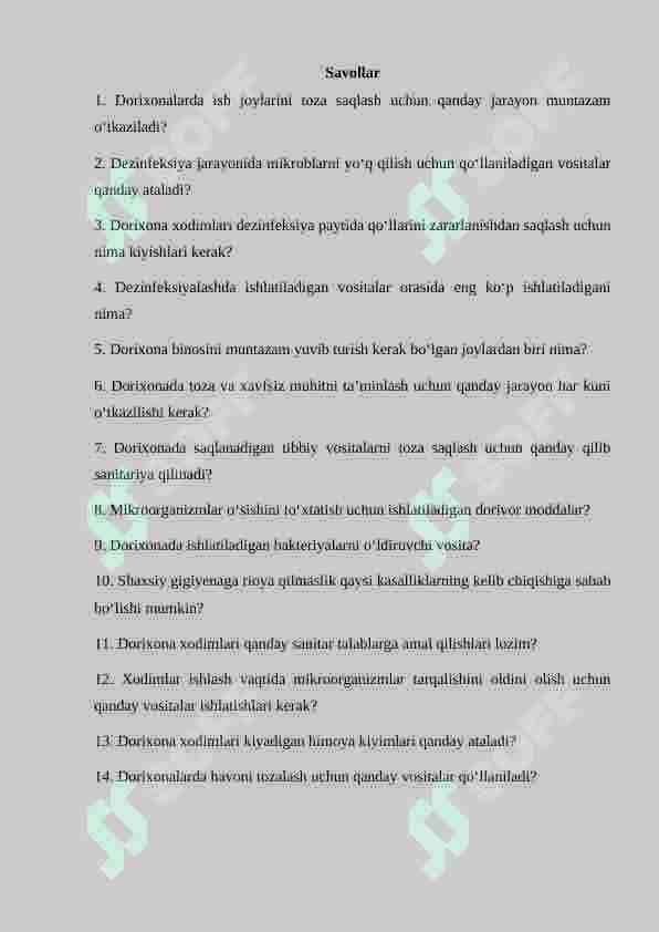Dorixona muassasalarida dezinfeksiyani tashkil qilish va oʻtkazish. SanQ va M № 0319-15. Dorixona xodimlarining shaxsiy gigiyenasi mavzusida krasword topshirig'i 2