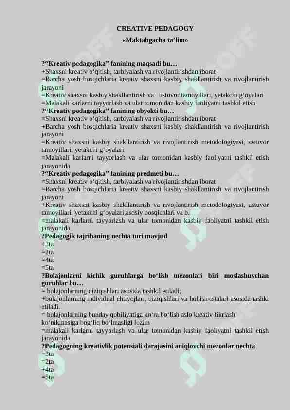 CREATIVE Pedagogika fanidan test savol-javoblari 1