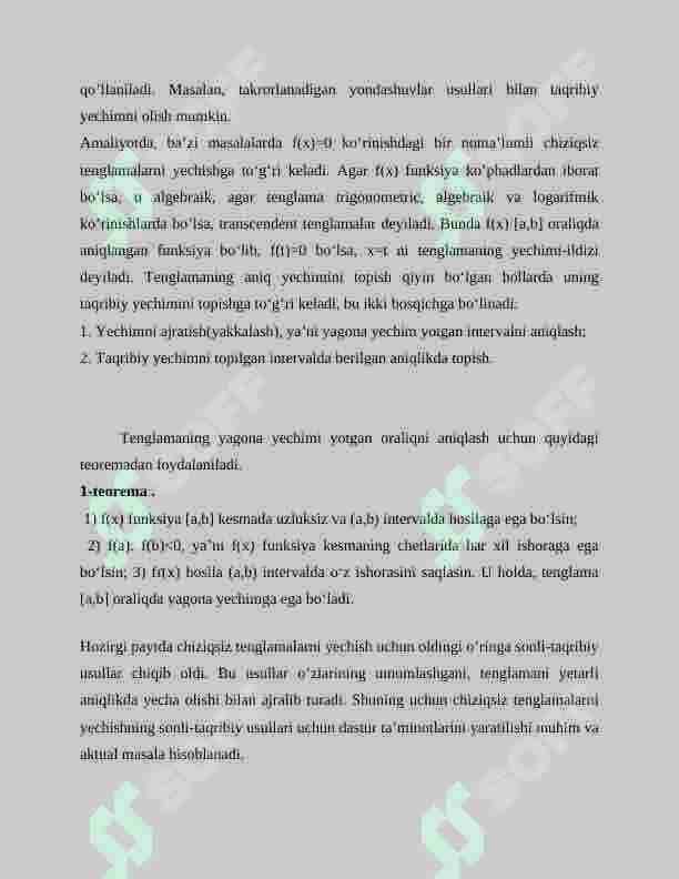 Algebraik va transtendent tenglamalarni taqribiy yechishda oddiy iteratsiya usuli va uning samarali variantlarini tuzish bо‘yicha tavsiyalar. 2