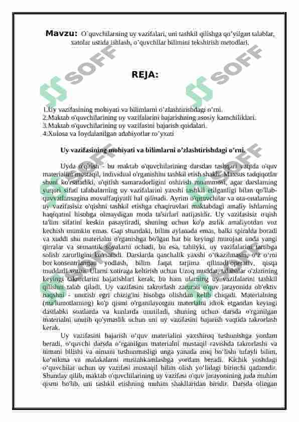 O`quvchilarning uy vazifalari, uni tashkil qilishga qo’yilgan talablar, xatolar ustida ishlash, o’quvchilar bilimini tekshirish metodlari 2