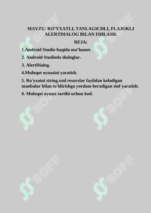 RO’YXATLI, TANLAGICHLI, FLAJOKLI ALERTDIALOG BILAN ISHLASH 1