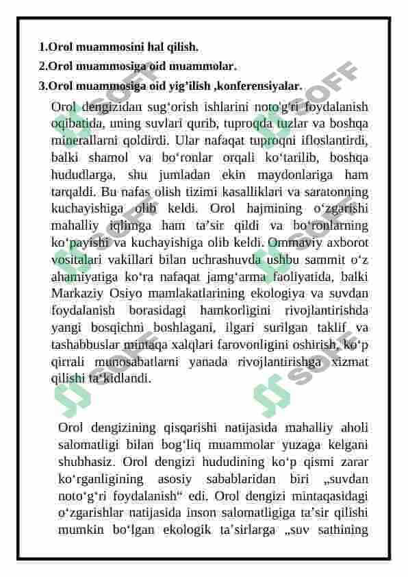 Orol muammosini hal qilish boʻyicha amalga oshirilgan tadbirlar 2