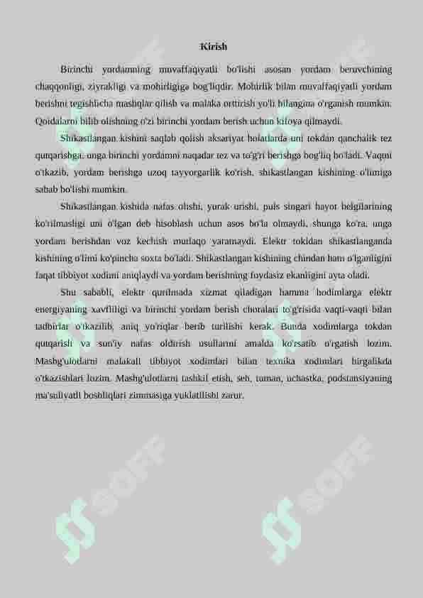 Elektr tokidan yoki boshqa jarohatlardan zararlanganlarga birinchi yordam ko‘rsatish. 2