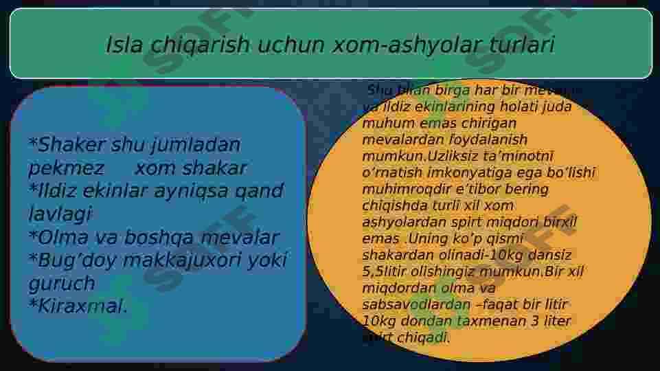 Spirt ishlab chiqarish uchun ishlatiladigan xom-ashyolar va uning kilassifikatsiyasi. 3