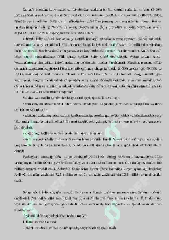 Kaliy tuzlari konlarini qazib olish. Kaliyli o`g`itlar ishlab chiqarish 3