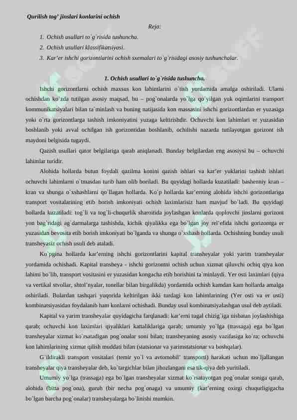 Qurilish tog' jinslari konlarini ochish 1