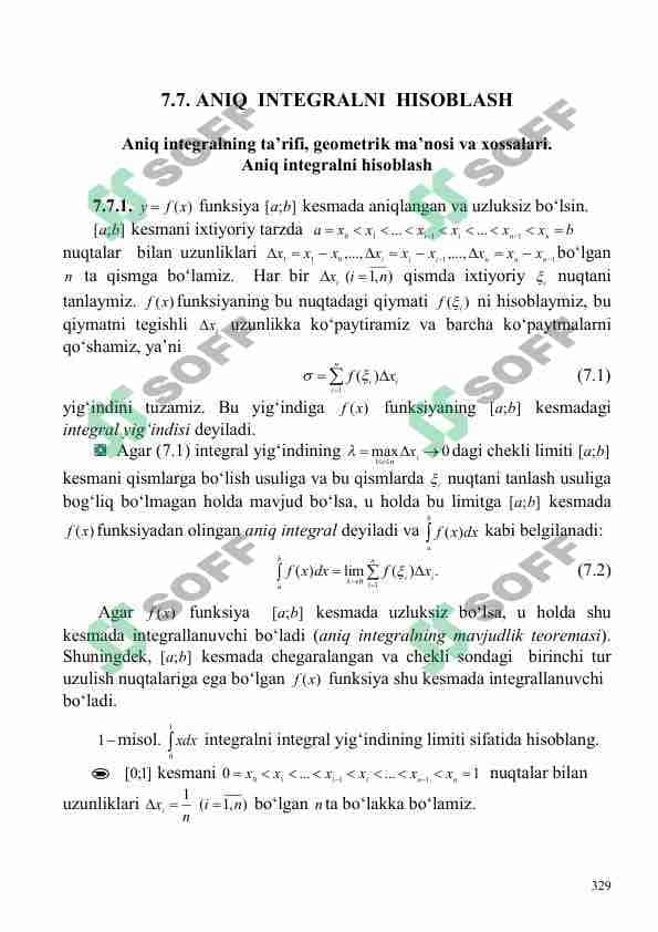 Aniq integralning ta’rifi, geometrik ma’nosi va xossalari. Aniq integralni hisoblash