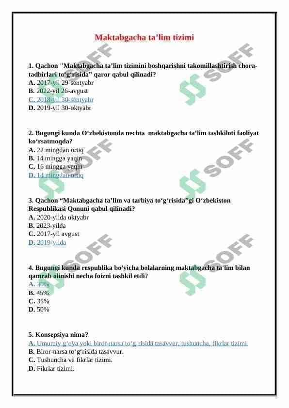"Maktabgacha ta’lim tizimi" mavzusida tuzilgan test