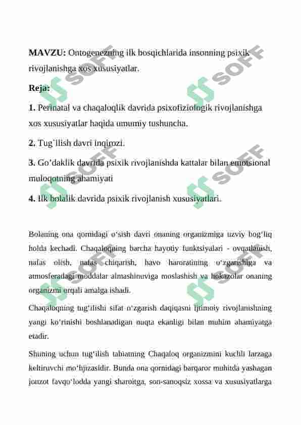Ontogenezning ilk bosqichlarida insonning psixik rivojlanishiga xos xususiyatlar (REFERAT) 2