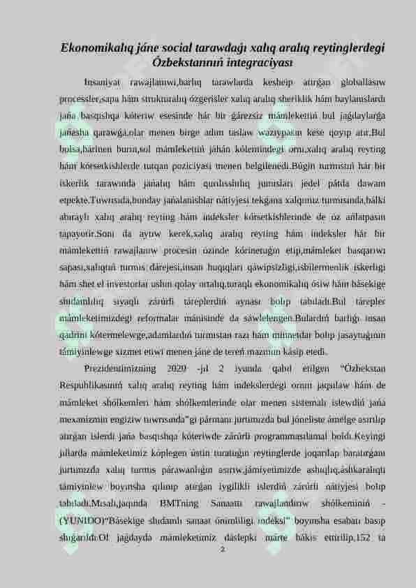Ekonomikalıq jáne social tarawdaǵı xalıq aralıq reytinglerdegi Ózbekstannıń integraciyası 2