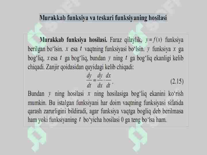 Yuqori tartibli hosila. Oshkormas va parametrik funksiyalar hosilasini hisoblash. Murakkab va teskari funksiya hosilasi.