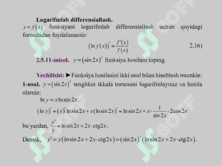 Yuqori tartibli hosila. Oshkormas va parametrik funksiyalar hosilasini hisoblash. Murakkab va teskari funksiya hosilasi. 3