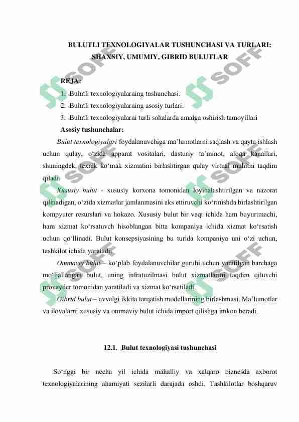 BULUTLI TEXNOLOGIYALAR TUSHUNCHASI VA TURLARI: SHAXSIY, UMUMIY, GIBRID BULUTLAR