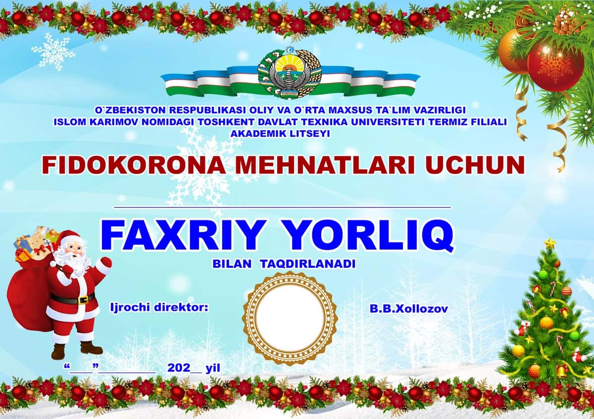 Yangi yil faxriy yorliq 2