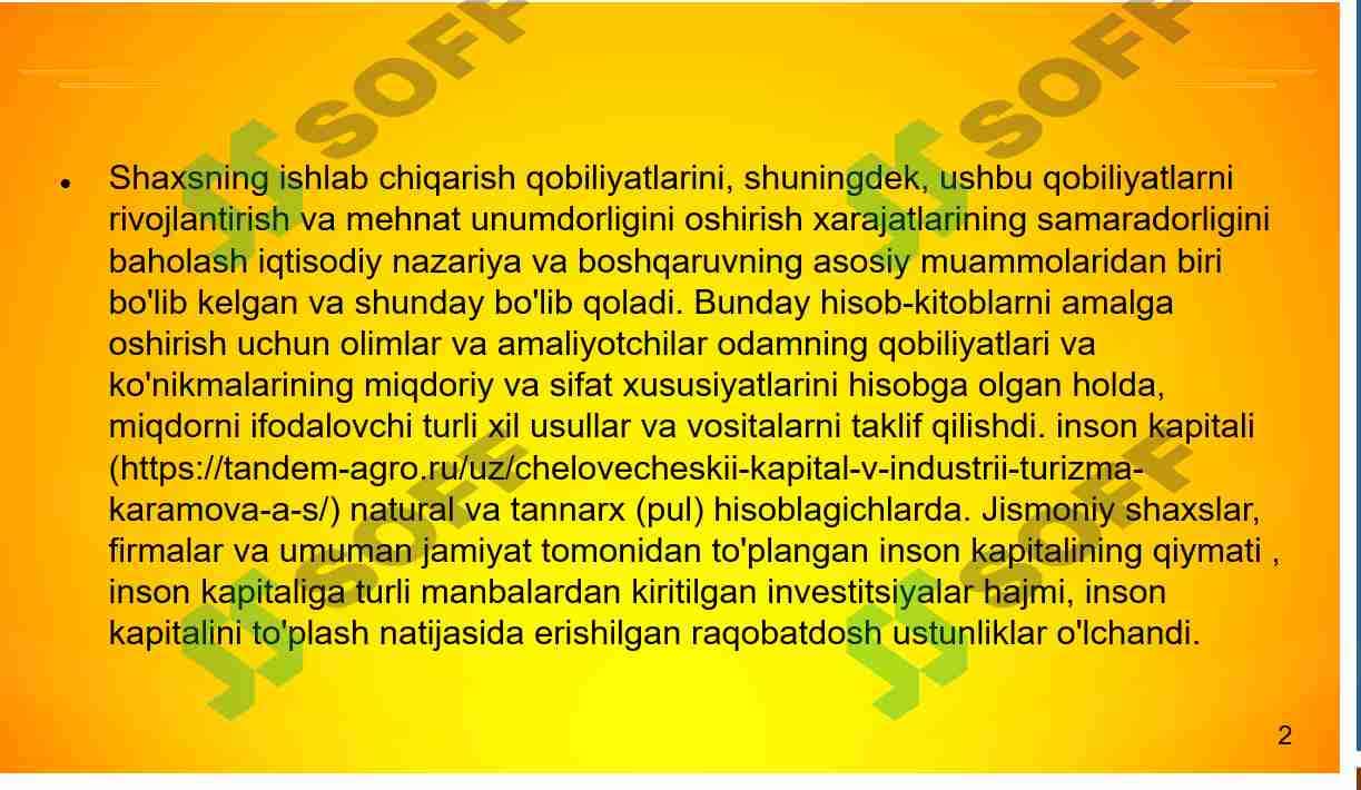 Inson kapitalidan foydalanish samaradorligini o’Ichash va baholash uslublari. 1