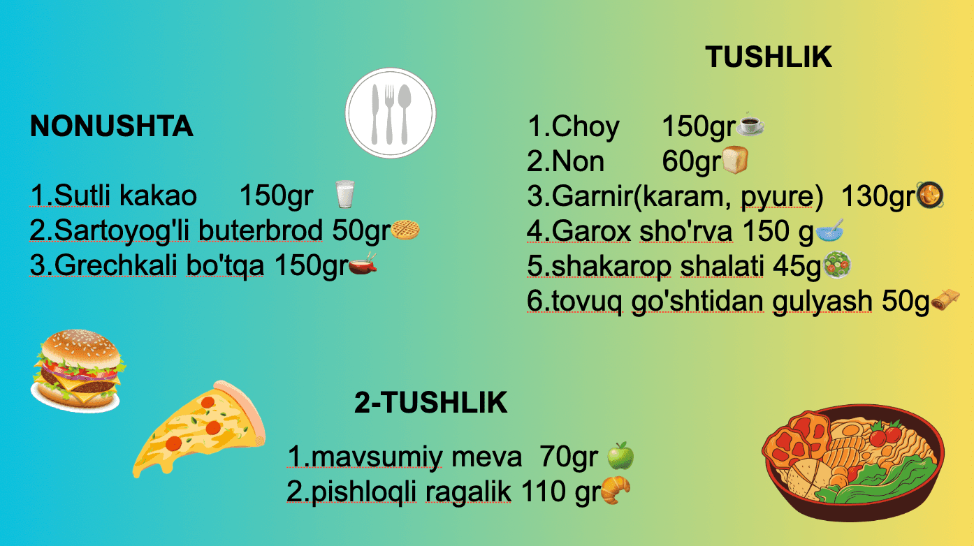 Maktabgacha ta'lim tashkiloti bolalari uchun dastur bo'yicha taomnoma 2