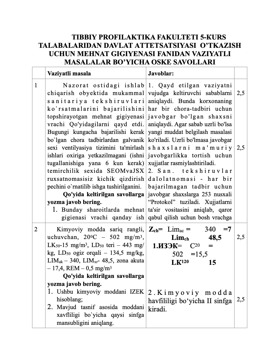 Davlat attestatsiyasi o'tkazish uchun mehnat gigiyenasi fani bo'yicha vaziyatli masalalar 2