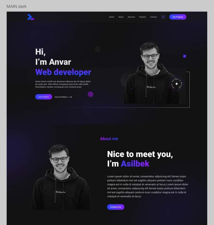 Dasturchi  uchun Portfolio sayt UI dizayni 2