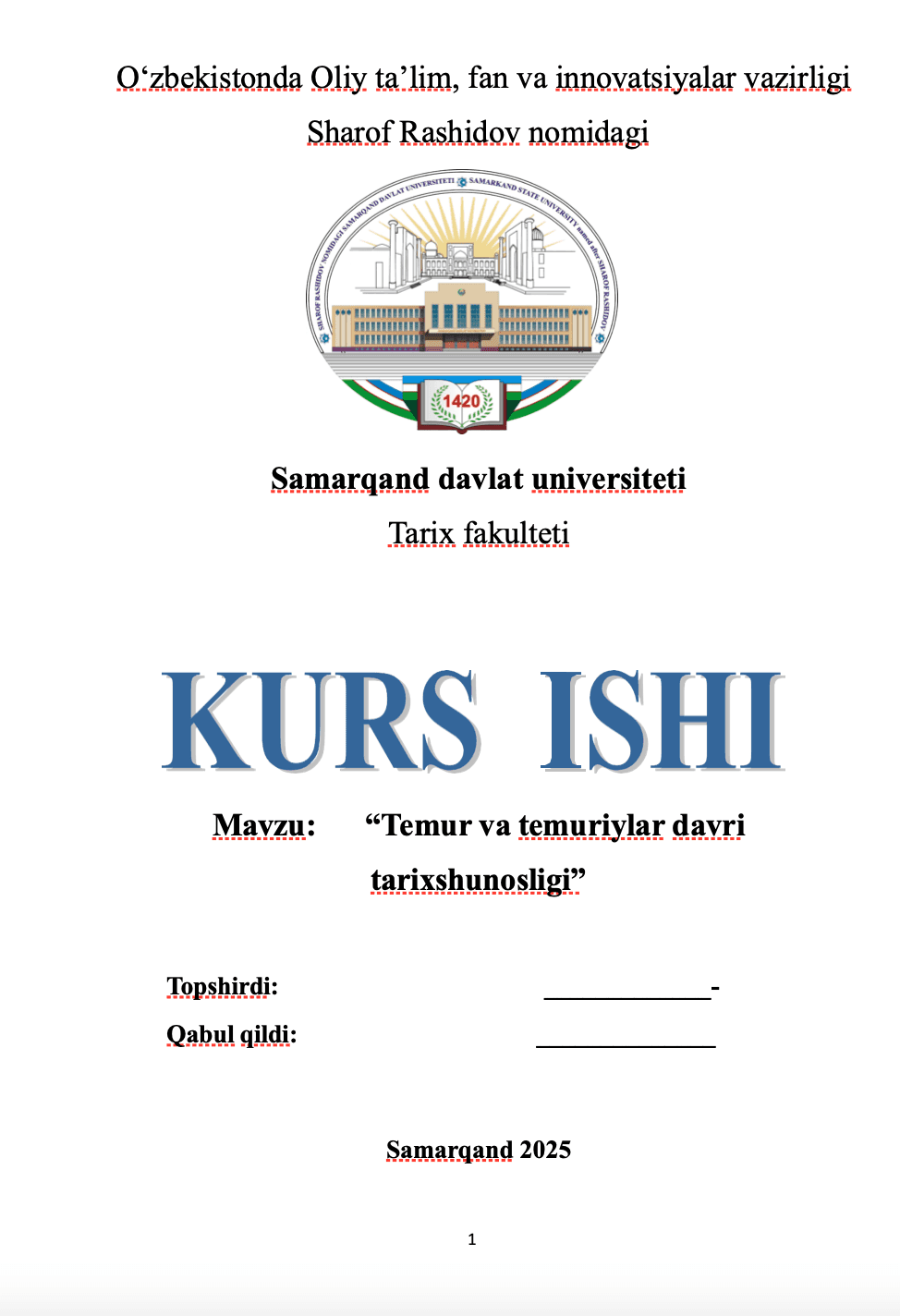Temur va temuriylar davri tarixshunosligi kurs ishi 1