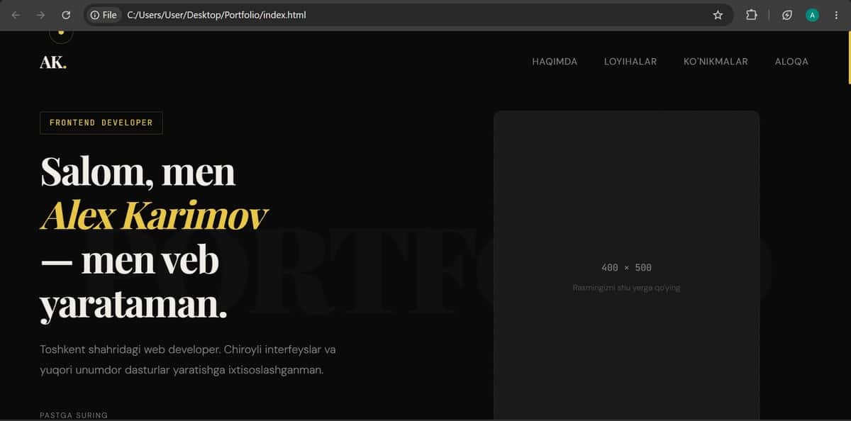 Portfolio uchun web sahifa dizayni(html, css, js) 1