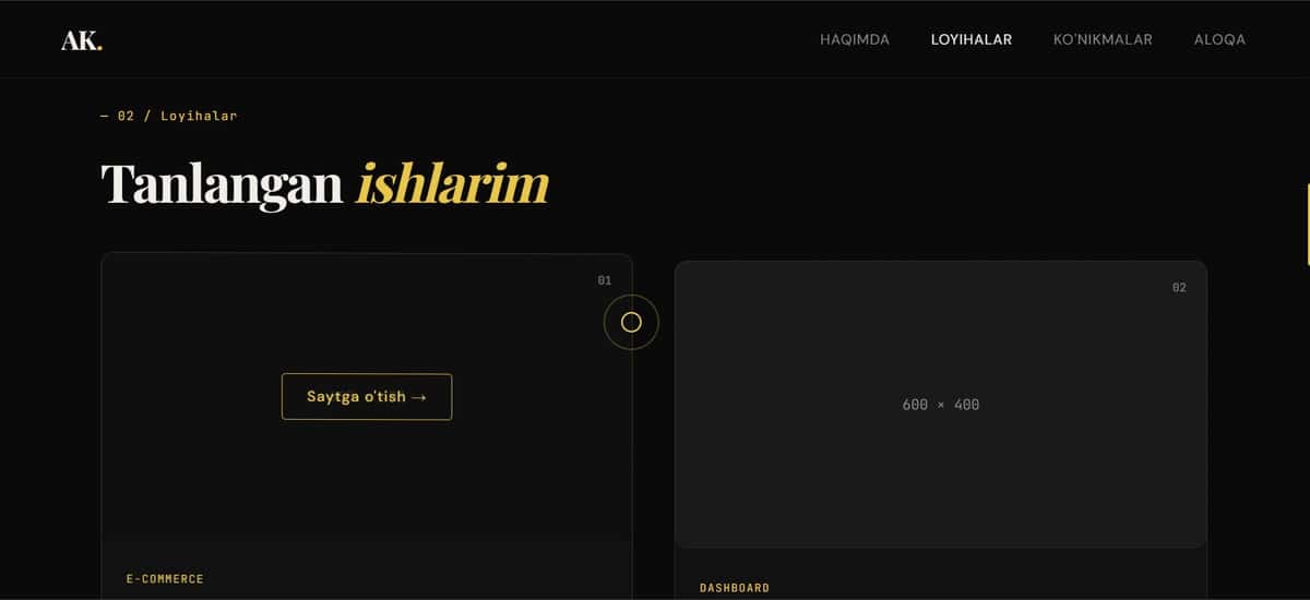 Portfolio uchun web sahifa dizayni(html, css, js) 2