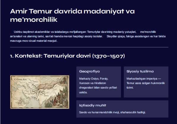Amir Temur Davrida Madaniyat va Memorchilik 1