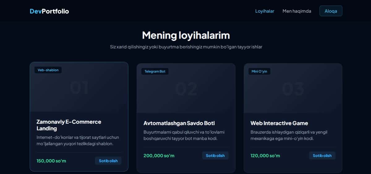 Zamonaviy Portfolio Veb-sayt Shabloni (HTML/CSS) - Dark Mode 2