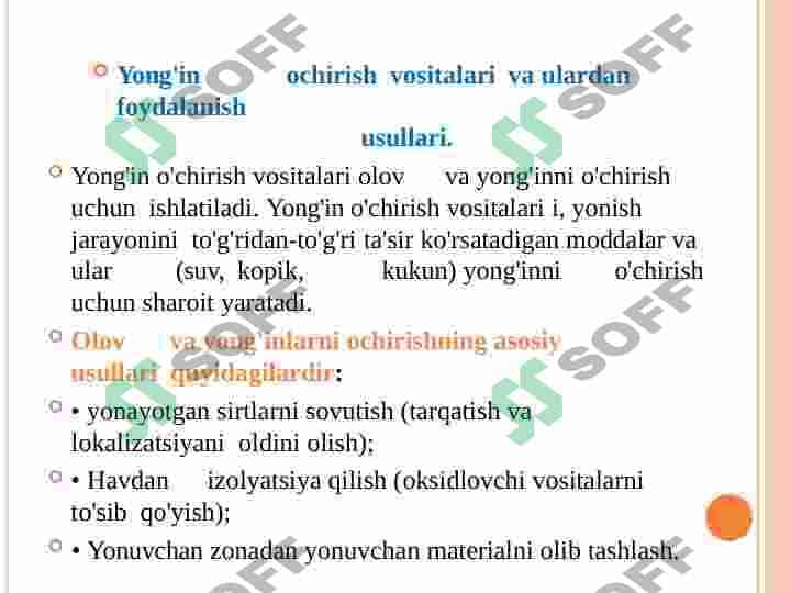 YONG’INGA QARSHI HIMOYA TIZIMI, OCHIRISH VOSITALARI VA ULARDAN FOYDALANISH USULLARI. 3