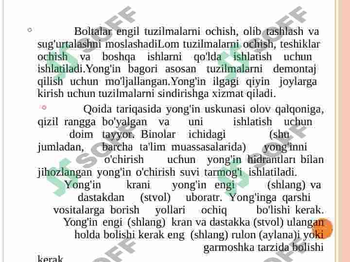 YONG’INGA QARSHI HIMOYA TIZIMI, OCHIRISH VOSITALARI VA ULARDAN FOYDALANISH USULLARI. 8