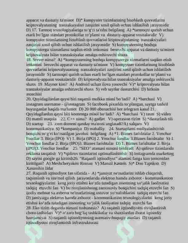 Raqamli iqtisodiyot fanidan 100 talik test savollari javoblari bilan 2